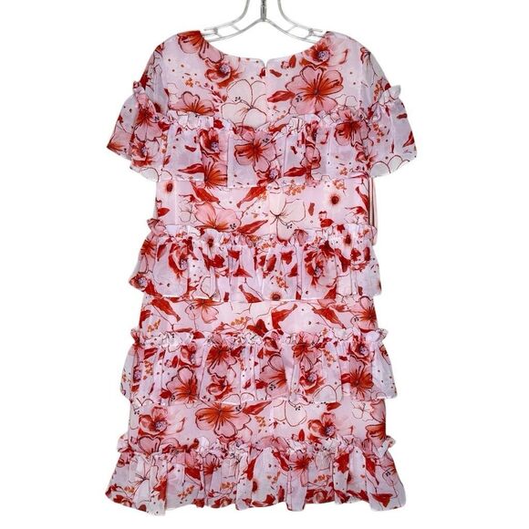 Badgley Mischka Pink Short Sleeve Tiered Floral Mini Runway Dress Size 10 Ruffle - Picture 6 of 13